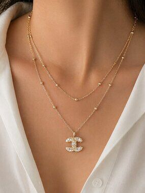 Gold Layered Necklace Crystal Pendant Double Chain Elegant Minimalist Jewelry